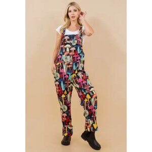 M Sized Black Mushrooms Overalls Jumpsuit cozy, Boho Unworn Psychadelic & Fun
